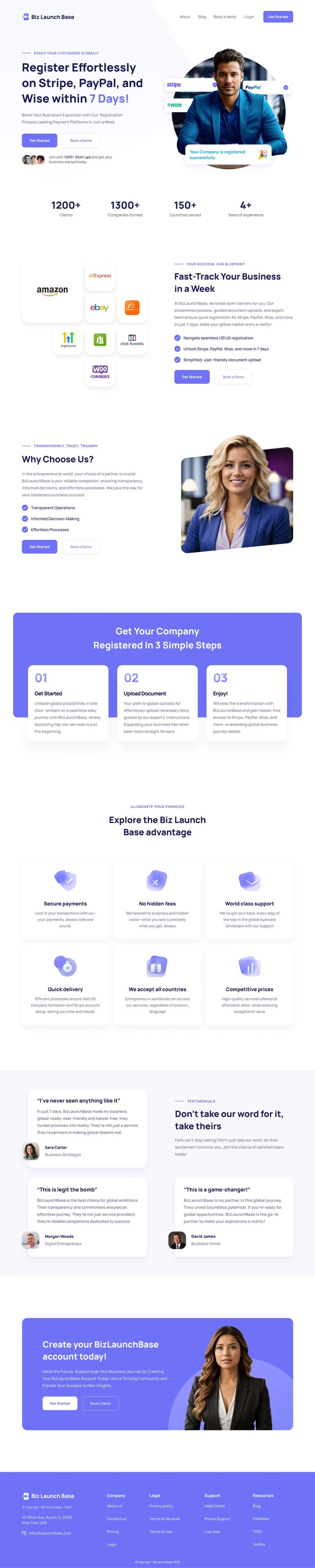 Biz Launch Base full-page design
